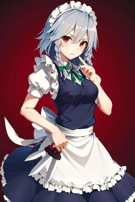 masterpiece, best quality, highres,  1girl, solo, sakuya1, <lora:izayoi_sakuya_v1:0.8>, maid, apon, greyt hair, medium breasts, knife