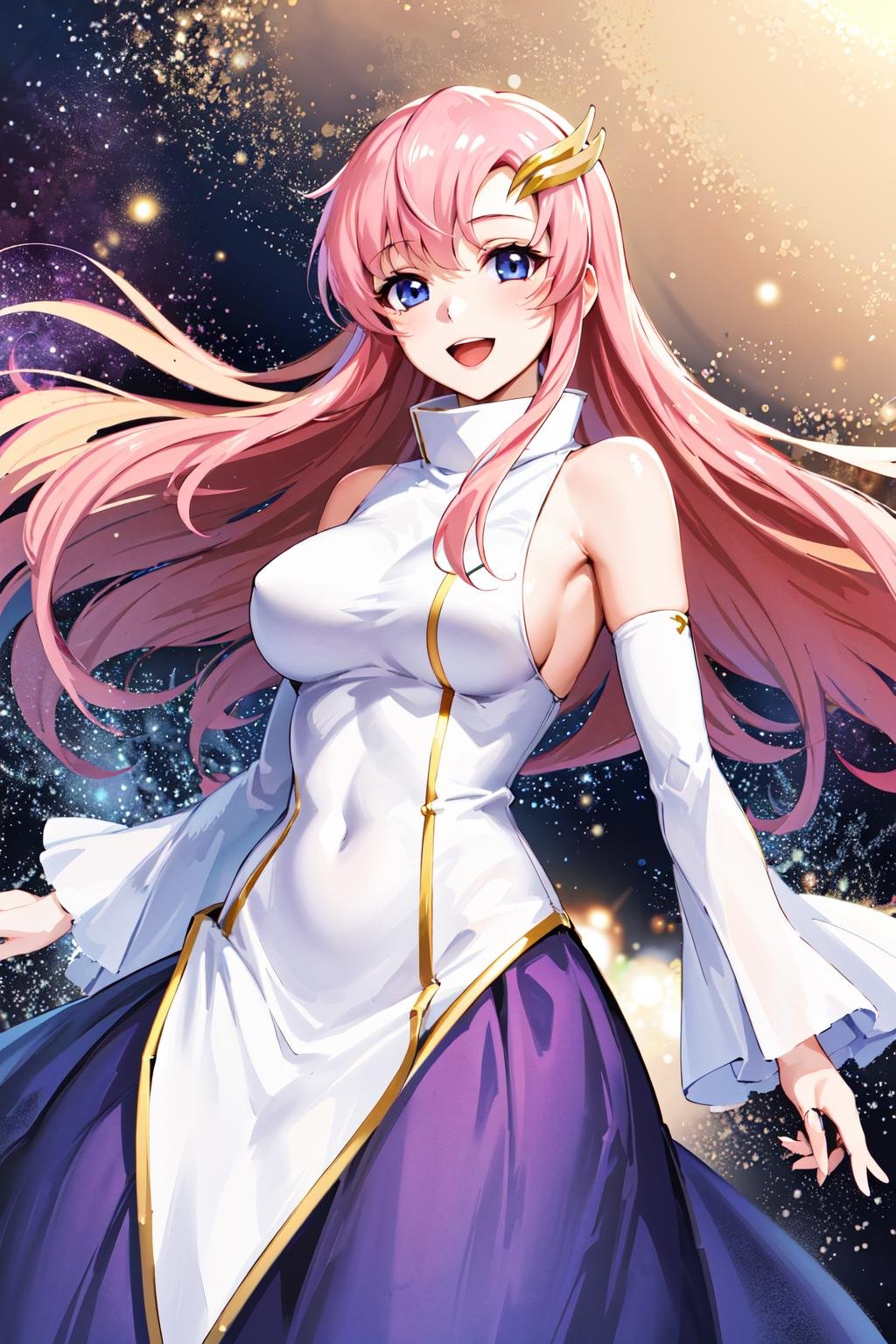 masterpiece, best quality, highres, anime, lacus1, 1girl, solo, lacus1, 1girl, solo, pink hair, straight hair, hair ornament, white detached sleeves, blue eyes, white dress, purple skirt, long skirt, very long hair, bare shoulders, large breasts, <lora:lacus_clyne_v10:0.6>, smile, open mouth, cowboy shot,