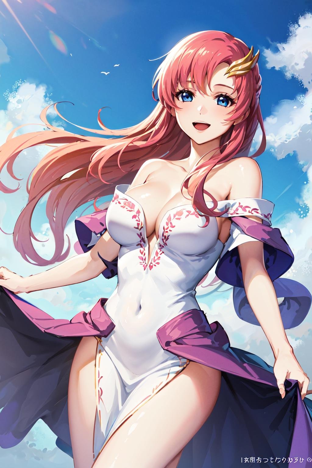 masterpiece, best quality, highres, anime, lacus4, 1girl, solo, long hair, dress, hair ornament, pink hair, cleavage, blue eyes, off-shoulder, white dress, large breasts, <lora:lacus_clyne_v10:0.6>, smile, cowboy shot, open mouth,