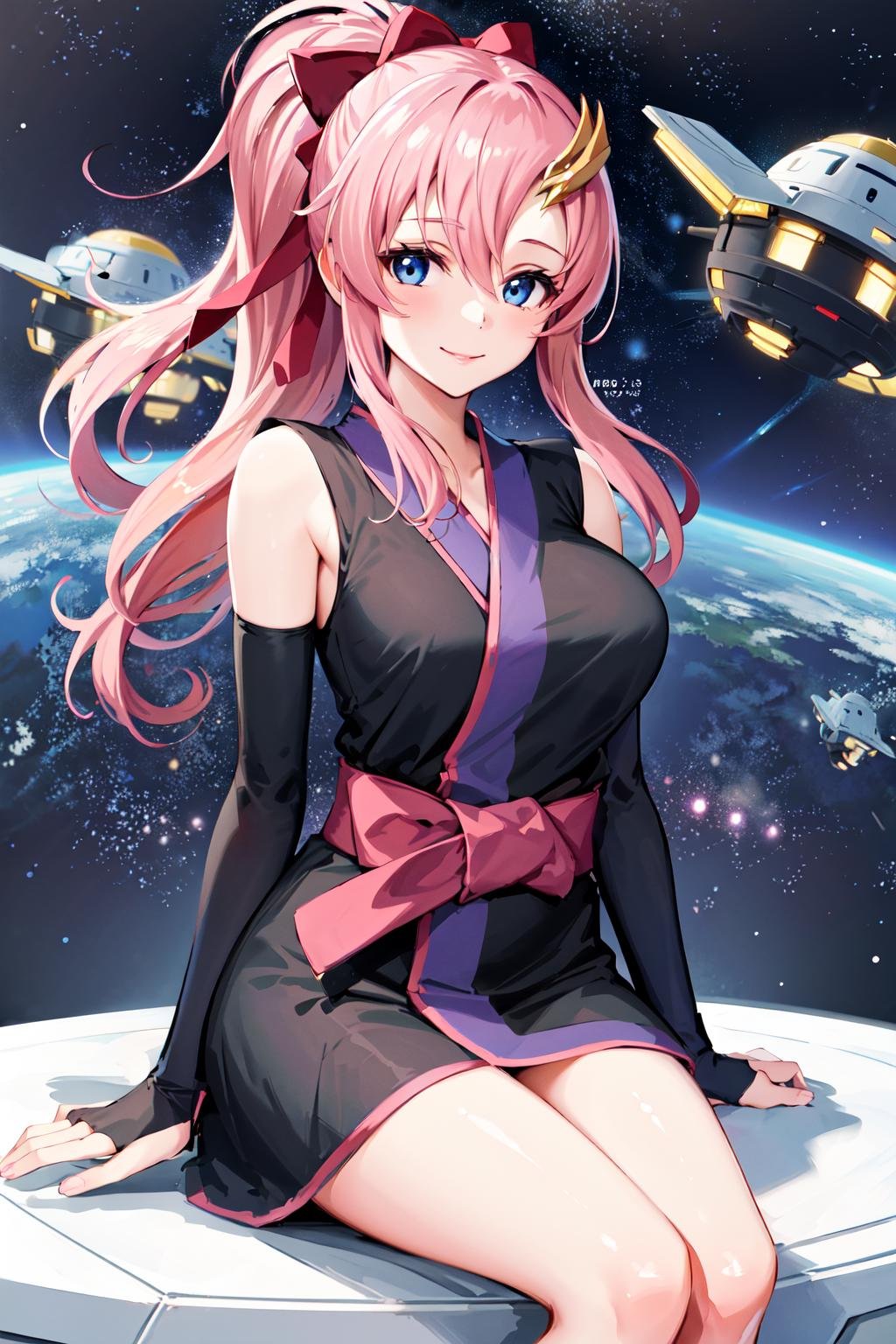 masterpiece, best quality, highres, lacus3, 1girl, solo, lacus3, pink hair, short kimono, blue eyes, hair ornament, very long hair, black sleeves, sleeveless, japanese clothes, bow, black kimono, hair bow, ponytail, floating hair, hair between eyes, large breasts, <lora:lacus_clyne_v10:0.6>, sitting, seat, spaceship, smile, armpit,