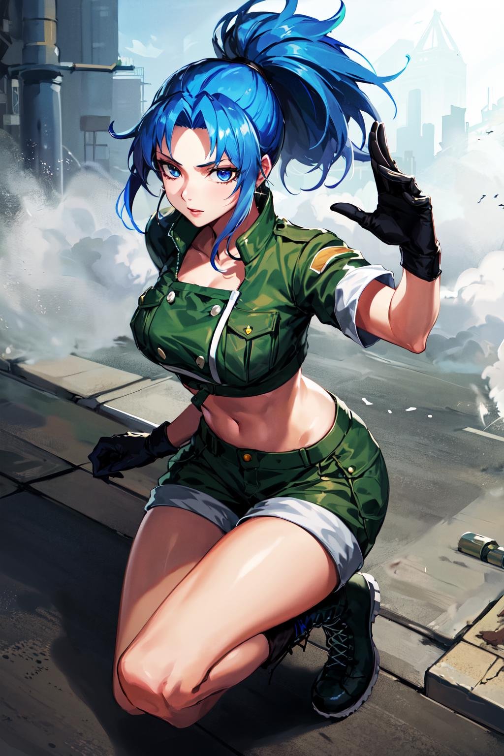 masterpiece,, best quality, highres, 1girl, leona heidern, blue hair, gloves, blue eyes, ponytail, boots, shorts, green shorts, midriff, crop top, black gloves, breasts, military uniform, green jacket, combat boots, earrings, jewelry, navel, large breasts, <lora:leona_heidern_v10:0.6>