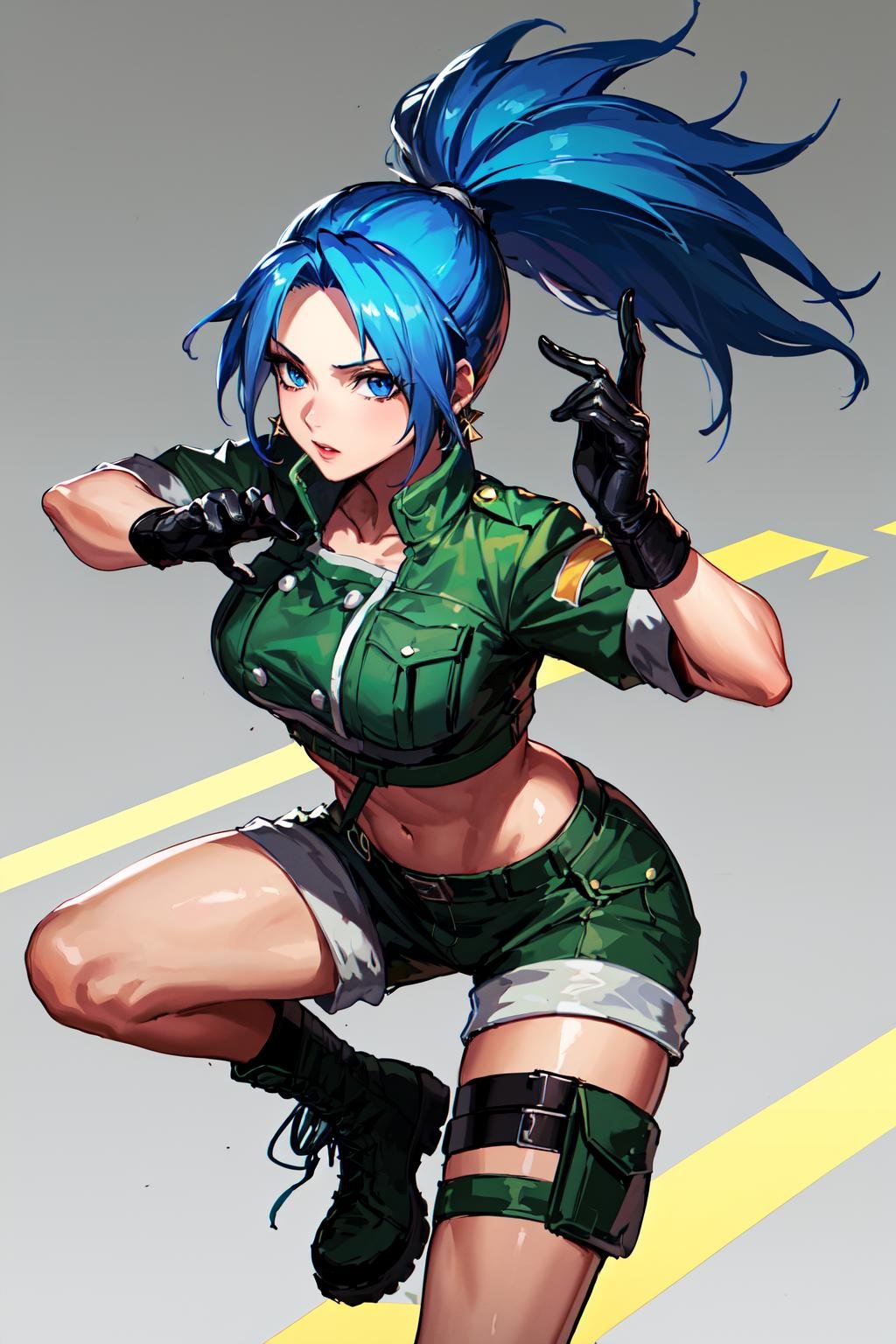 masterpiece,, best quality, highres, 1girl, leona heidern, blue hair, gloves, blue eyes, ponytail, boots, shorts, green shorts, midriff, crop top, black gloves, breasts, military uniform, green jacket, combat boots, earrings, jewelry, navel, large breasts, <lora:leona_heidern_v10:0.6>