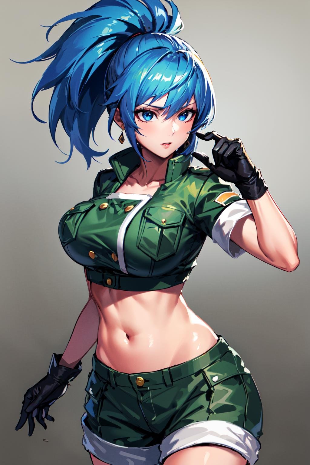 masterpiece,, best quality, highres, 1girl, leona heidern, blue hair, blue eyes, ponytail, green shorts, midriff, crop top, black gloves, breasts, military uniform, green jacket, earrings, jewelry, navel, large breasts, <lora:leona_heidern_v10:0.6>, cowboy shot,