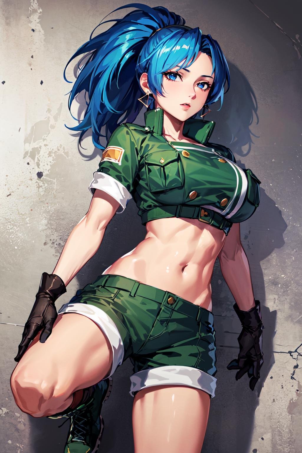 masterpiece,, best quality, highres, 1girl, leona heidern, blue hair, gloves, blue eyes, ponytail, boots, shorts, green shorts, midriff, crop top, black gloves, breasts, military uniform, green jacket, combat boots, earrings, jewelry, navel, large breasts, <lora:leona_heidern_v10:0.6>