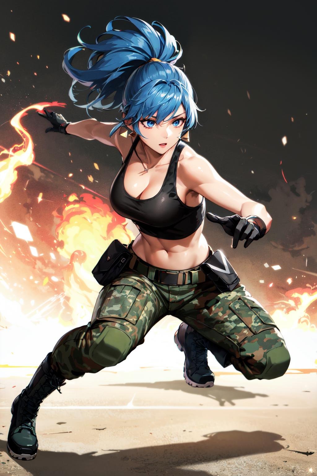 masterpiece, best quality, highres, 1girl, leona heidern, solo, blue eyes, blue hair, ponytail, tank top, camouflage pants, jewelry, boots, cleavage, camouflage, bare shoulders, large breasts, crop top, pouch, bangs, belt, earrings, sleeveless, combat boots, midriff, long hair, military, triangle earrings, black gloves, <lora:leona_heidern_v10:0.6>, dynamic pose, 