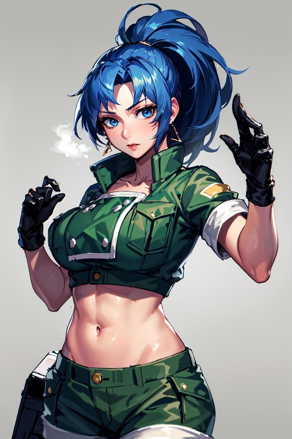 masterpiece,, best quality, highres, 1girl, leona heidern, blue hair, blue eyes, ponytail, green shorts, midriff, crop top, black gloves, breasts, military uniform, green jacket, earrings, jewelry, navel, large breasts, <lora:leona_heidern_v10:0.6>, cowboy shot,