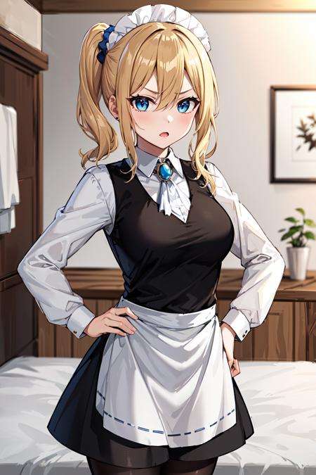 masterpeace, best quality, highres, 1girl, hayasaka ai, solo, blonde hair, maid, blue eyes, side ponytail, hair scrunchie, hair ornament, blue scrunchie, maid headdress, apron, hair between eyes, breasts, long sleeves, bangs, white shirt, black dress, sidelocks, maid apron, black pantyhose,  <lora:hayasaka_ai_v10:0.6>, cowboy shot, hand on hip, angry, room, bed, standing,