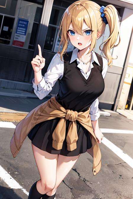 masterpeace, best quality, highres, 1girl, solo, hayasaka ai, blue scrunchie, side ponytail, hair between eyes, blue eyes, blonde hair, hair ornament, breasts, school uniform, collared shirt, hair scrunchie, clothes around waist, bangs, black socks, black vest, long hair, long sleeves, cardigan, sidelocks, kneehighs, dress shirt, necklace, collarbone, black dress, jewelry, sweater, <lora:hayasaka_ai_v10:0.6>, angry, pointing, 