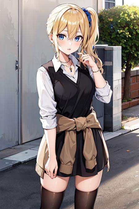 masterpeace, best quality, highres, 1girl, solo, hayasaka ai, blue scrunchie, side ponytail, hair between eyes, blue eyes, blonde hair, hair ornament, breasts, school uniform, collared shirt, hair scrunchie, clothes around waist, bangs, black socks, black vest, long hair, long sleeves, cardigan, sidelocks, kneehighs, dress shirt, necklace, collarbone, black dress, jewelry, sweater, <lora:hayasaka_ai_v10:0.6>, cowboy shot, standing, 