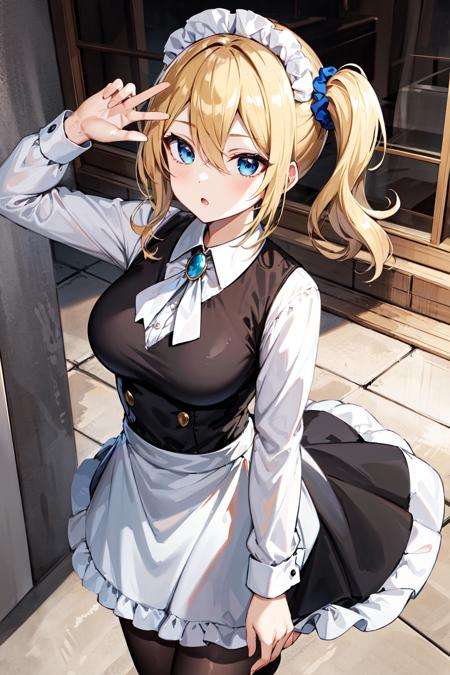 masterpeace, best quality, highres, 1girl, hayasaka ai, solo, blonde hair, maid, blue eyes, side ponytail, hair scrunchie, hair ornament, blue scrunchie, maid headdress, apron, hair between eyes, breasts, long sleeves, bangs, white shirt, black dress, sidelocks, maid apron, black pantyhose,  <lora:hayasaka_ai_v10:0.6>, cowboy shot,