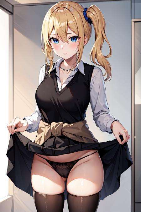 masterpeace, best quality, highres, 1girl, solo, hayasaka ai, blue scrunchie, side ponytail, hair between eyes, blue eyes, blonde hair, hair ornament, breasts, school uniform, collared shirt, hair scrunchie, clothes around waist, bangs, black socks, black vest, long hair, long sleeves, cardigan, sidelocks, kneehighs, dress shirt, necklace, collarbone, black dress, jewelry, sweater, <lora:hayasaka_ai_v10:0.6>, (standing), (skirt lift:1.3), tears, frown, (panties:1.2),