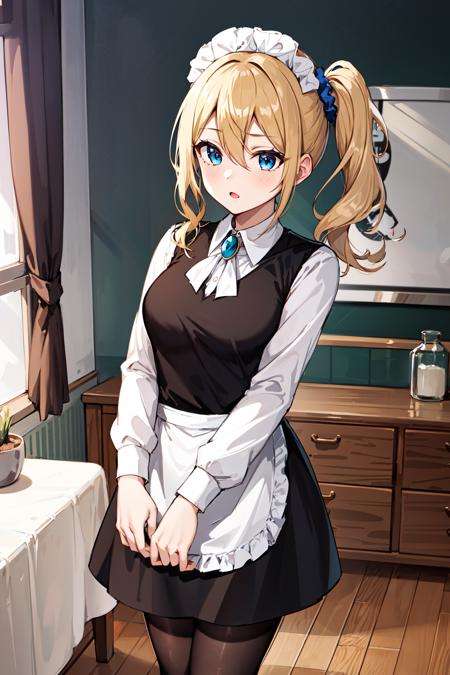 masterpeace, best quality, highres, 1girl, hayasaka ai, solo, blonde hair, maid, blue eyes, side ponytail, hair scrunchie, hair ornament, blue scrunchie, maid headdress, apron, hair between eyes, breasts, long sleeves, bangs, white shirt, black dress, sidelocks, maid apron, black pantyhose,  <lora:hayasaka_ai_v10:0.6>, :i, cleaning, room,