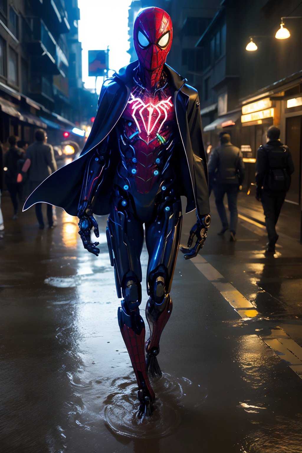 1girl,Mecha ,neonlamp,Street after Rain,,dramatic lighting, cyborg,biomechanical, mechanical parts,Colorful lighting,(Wet ground at night:1.2),Spider-Man, <lora:neonlamp_20230619231231:1>,