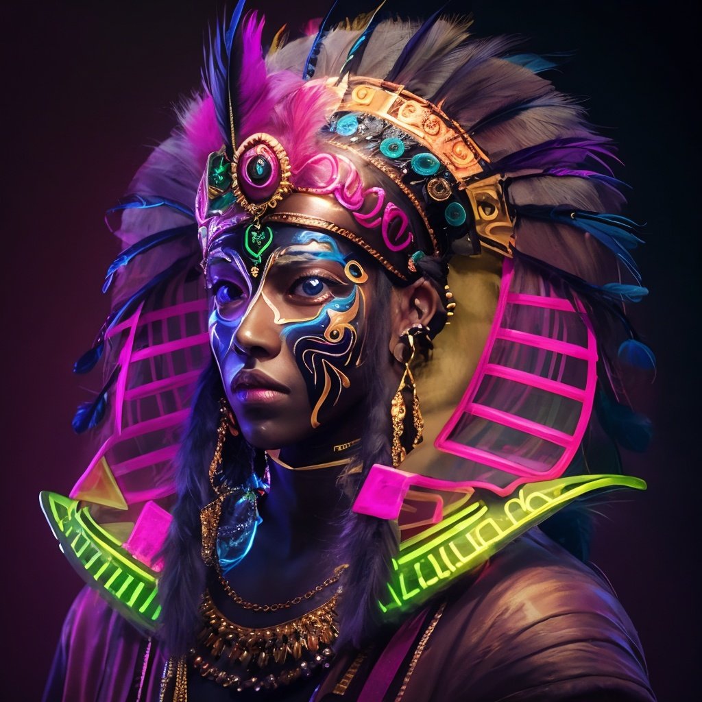 solo, jewelry, male focus, 1boy, earrings, blue eyes, black background, feathers, headdress, dark skin, portrait, black hair, dark-skinned male, simple background, facepaint, closed mouth, upper body, parted lips, crown, looking at viewer, artist name, mask, gem, <lora:neonlamp_20230619231231:1.1>，neon lamp,laser,luminescence