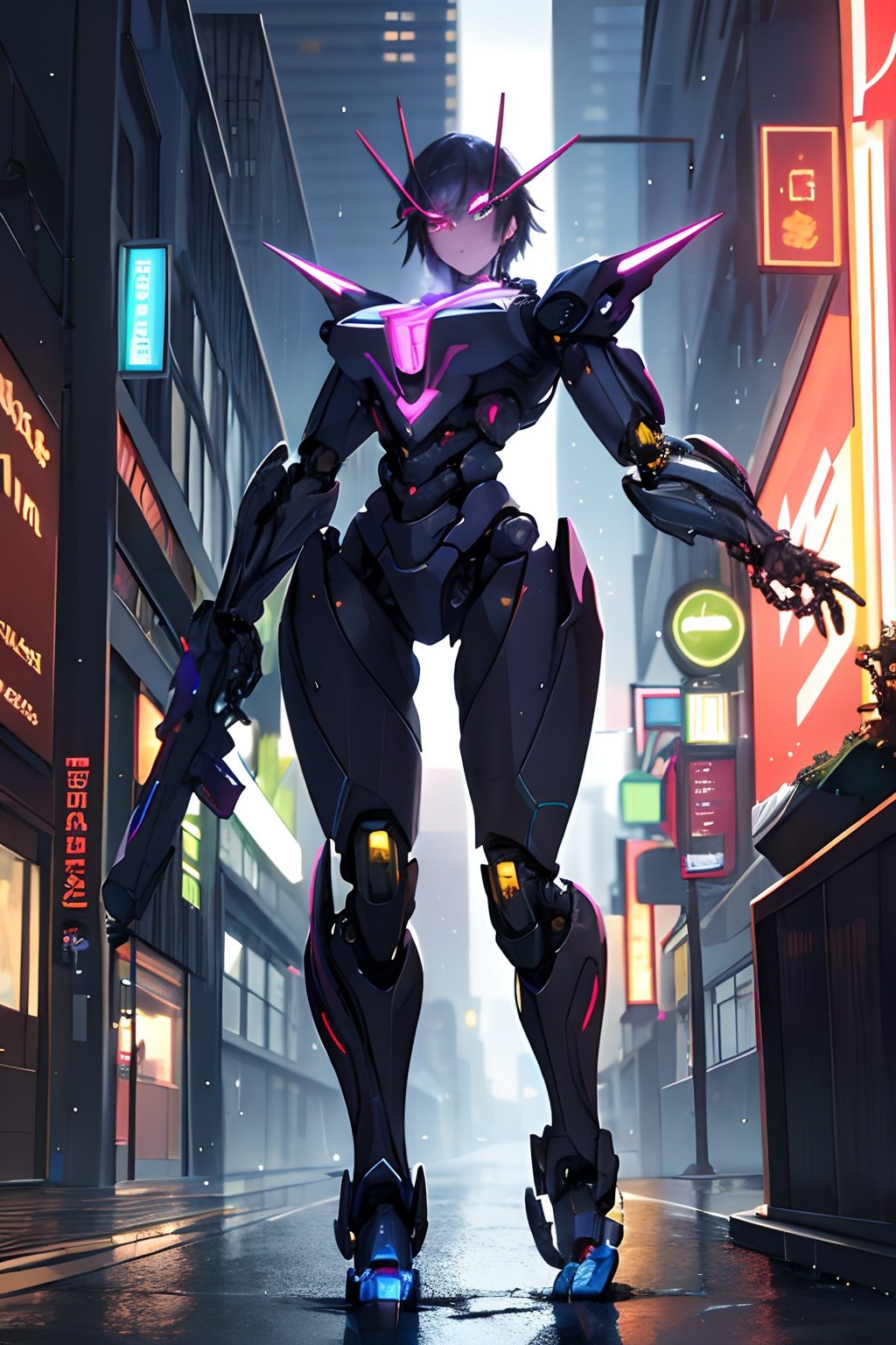 1girl,,laser,Mecha ,neonlamp,Street after Rain, dramatic lighting, cyborg,biomechanical, mechanical parts,,neonlamp, 