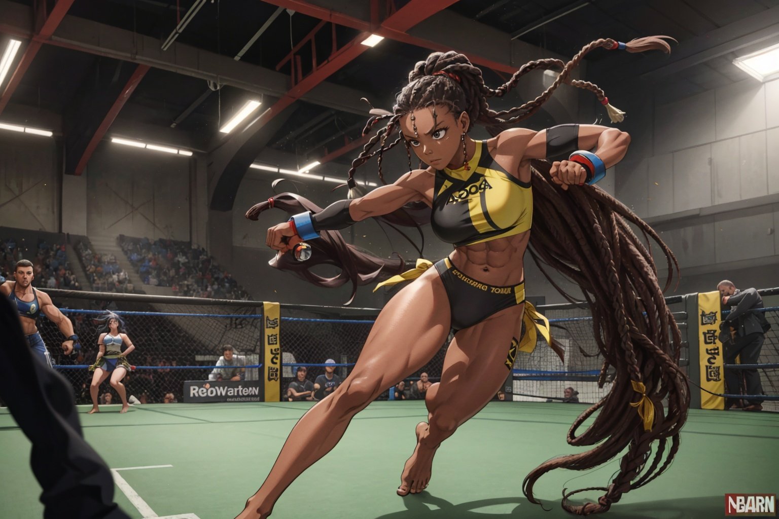 masterpiece, absurdres,1girl, solo, dark skin, dreadlocks, long hair, large hips, muscular, leg up, fighting, combat, battle arena, box ring, mma, barefoot, indoors,