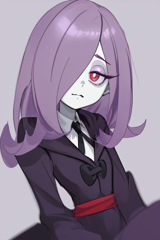 1girl, sucy manbavaran, red eyes, light purple hair, hair over one eye, pale skin, eye shadow, animestyle