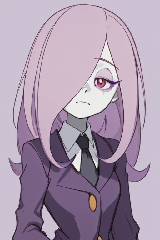 1girl, sucy, eyeshadow, hair over one eye, half-closed eyes, no hat, no headwear, long hair, purple hair + pink hair, light purple hair, red eyes, pale skin, office suit, simple background,