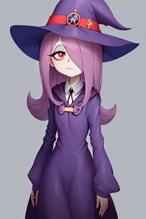 sucy, (sucy manbavaran:1.3), cowboy shot 1girl, (blank expression:1.2), (expressionless:1.2), makeup, eyeshadow, hair over one eye, half-closed eyes, hat, long hair, purple hair + pink hair, light purple hair, red eyes, pale skin, luna nova uniform, luna nova school uniform, robe, dress, blue dress, wide sleeves, (sleeves past fingers), (sleeves past wrists), witch, witch hat, simple background, (standing cowboy shot:1.2)