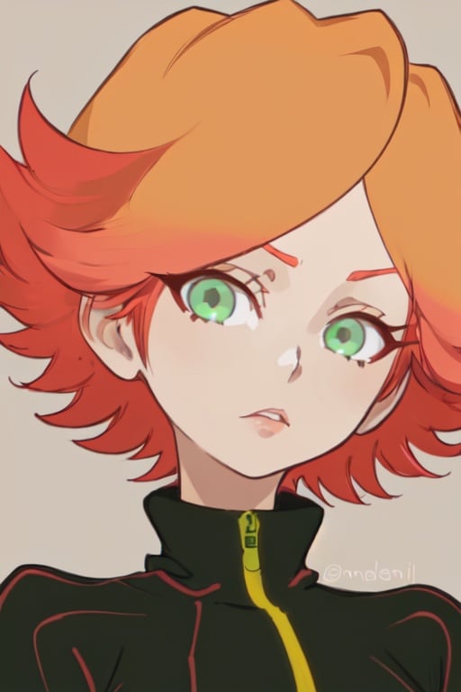 1girl, two color hair, short hair, green eyes, orange and light red hair, Amanda O'neill, anime style, 