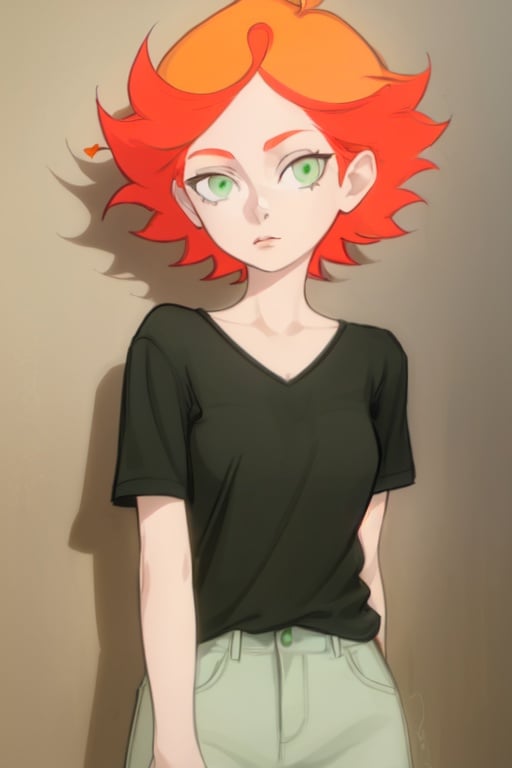 1girl, two color hair, short hair, green eyes, orange and red hair, Amanda O'neill, casual clothes