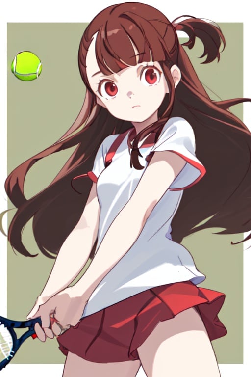 1girl, brown hair,red eyes, asymmetrical bangs, long hair,tennis clothes