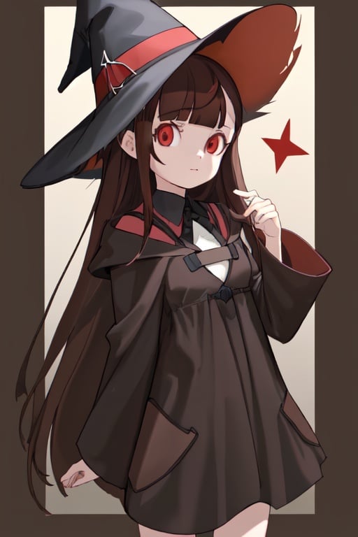 1girl, brown hair,red eyes, asymmetrical bangs, long hair,witch custom