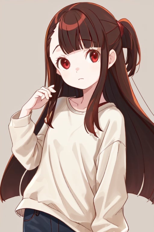 1girl, brown hair,red eyes, asymmetrical bangs, casual clothes. long hair,