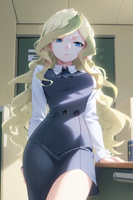 1girl, blonde hair, two tone hair, green tufts, long hair, diana cavendish, blue eyes, office uniform