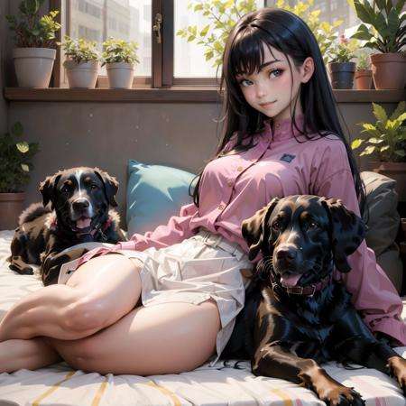 masterpiece, best quality,woman laying with dog, <lora:SweetCandy_Girl_and_dog_v1:0.7>