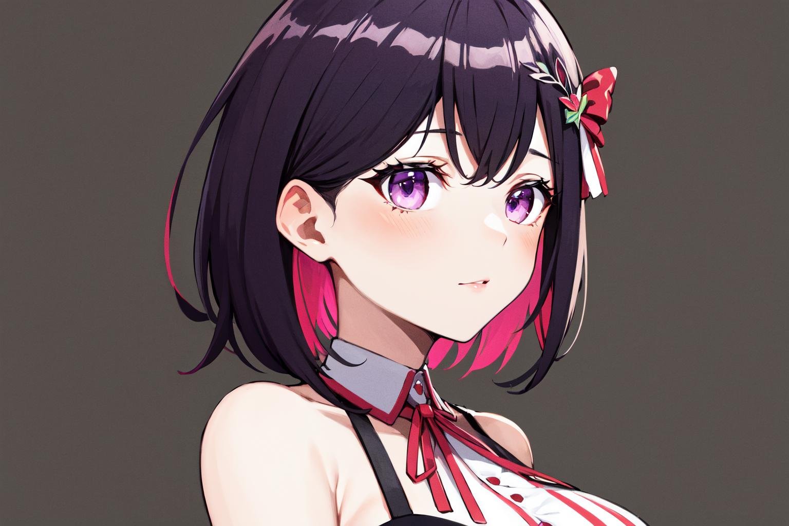 masterpeace, best quality, highres, 1girl, idol clothes, pink hair, black hair, colored inner hair, multicolored hair, hair ornament, sleeveless, short hair, purple eyes, ribbon, large breasts, azki \(hololive\), <lora:AZKi_v10:0.7>, close-up, face,