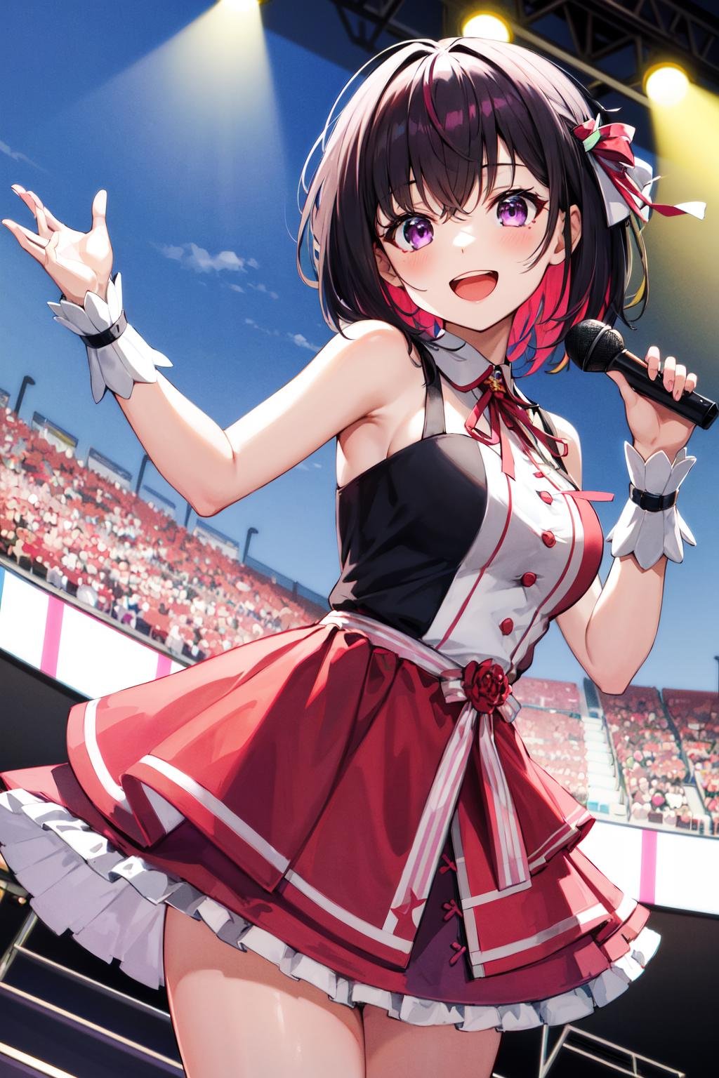 masterpeace, best quality, highres, 1girl, idol clothes, pink hair, black hair, wrist cuffs, colored inner hair, multicolored hair, sleeveless, short hair, purple eyes, ribbon, pink skirt, dress, large breasts, azki \(hololive\), <lora:AZKi_v10:0.7>, stage, oudoors, sky, singing, smile, open mouth,