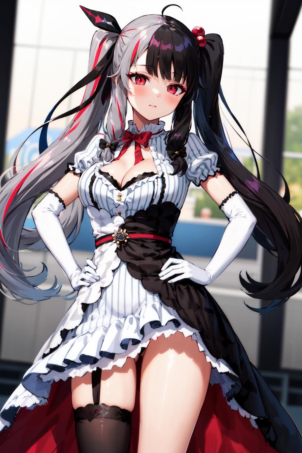 masterpiece, best quality, highres, rena1, 1girl, solo, multicolored hair, red eyes, black hair, white elbow gloves, split-color hair, streaked hair, twintails, white dress, two-tone hair, cleavage, hair ornament, ahoge, animal ear legwear, hair ribbon, mismatched legwear, bangs, grey hair, striped, red hair, black ribbon, two-tone dress, hair bobbles, vertical stripes, black bow, large breasts, very long hair, hair bow, <lora:yorumi_rena_v10:0.8>, cowboy shot, on the stage, hand on hip, 