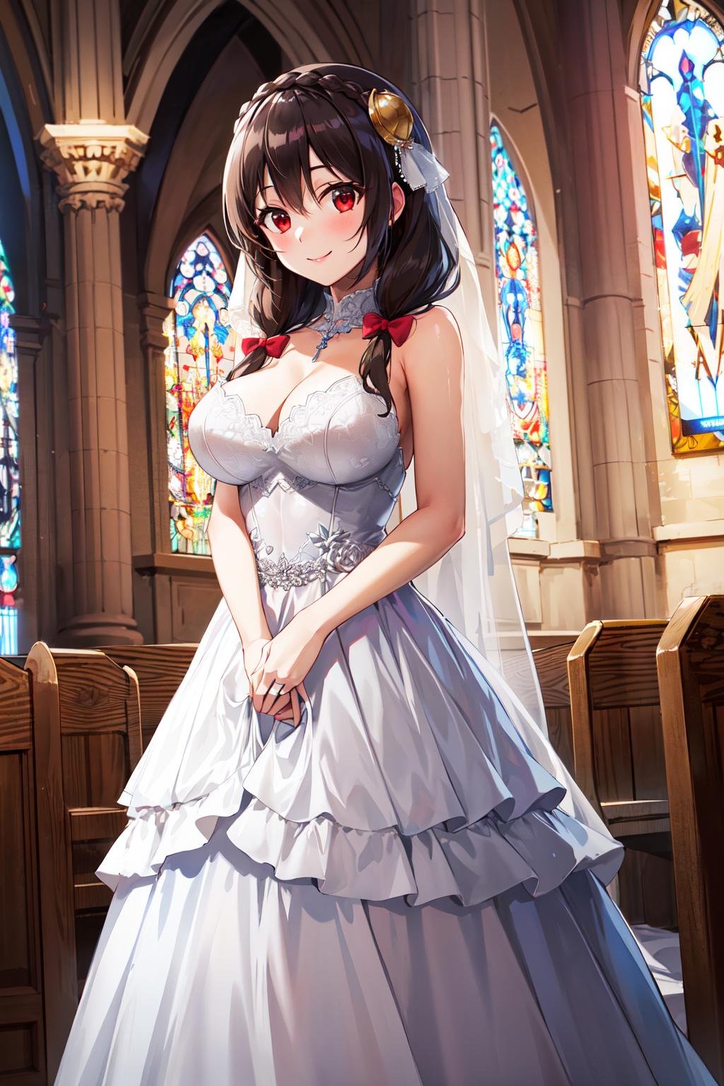 masterpiece,best quality, highres, yunyun1, 1girl, red eyes, solo, braid, long hair, large breasts, hair ornament, black hair, hair bow, crown braid, brown hair, twintails, <lora:yunyun_v1:0.6>, wedding dress, bridal veil, church, smile, 