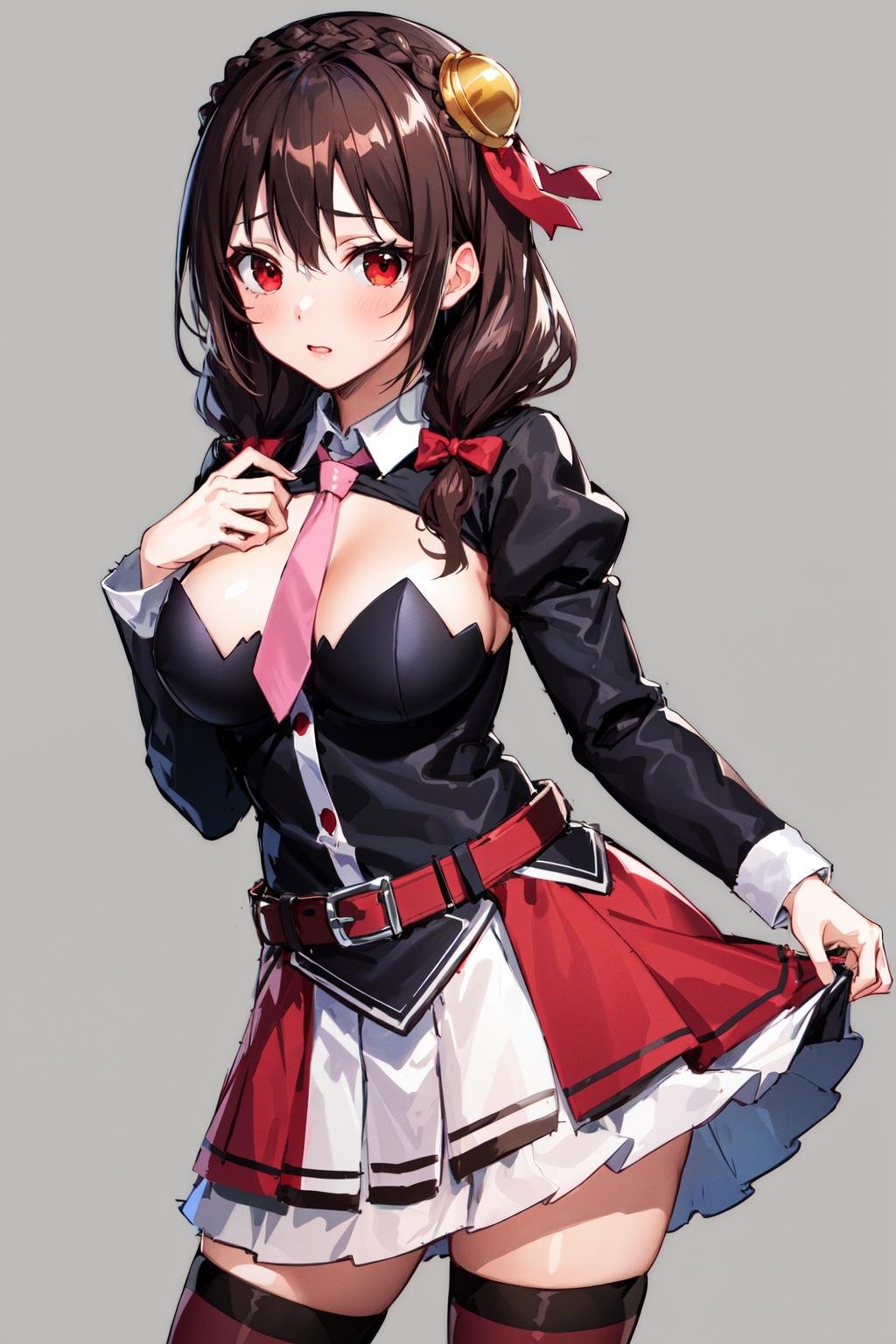 masterpiece, best quality, highres, yunyun1, 1girl, red eyes, solo, thighhighs, necktie, skirt, braid, long hair, pink necktie, large breasts, belt, hair ornament, black hair, hair bow, crown braid, long sleeves, brown hair, twintails, <lora:yunyun_v1:0.6>, cowboy shot, 