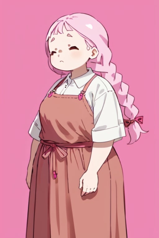 1girl, pink hair, two braids, brown closed eyes, small bangs, plump, tall girl,