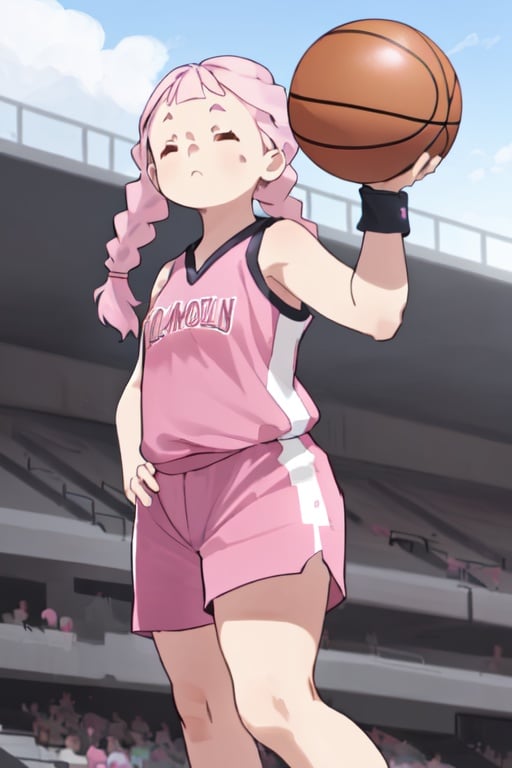 1girl, pink hair, two braids, brown closed eyes, small bangs, plump, tall girl, basketball uniform