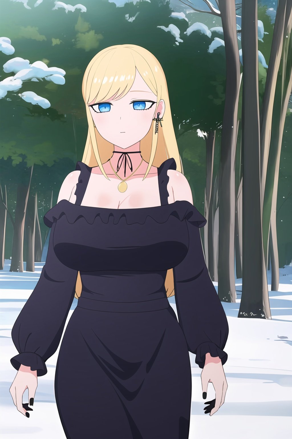 1boy, 1girl, masterpiece, high quality, intricate details, extremely detailed, 4k, (solo), pixiv, cg, black dress, bare shoulders, large breasts, frills, long sleves, cleaveage, off shoulder dress, up hood, black choker, long hair, black nails, cross earrings, wide slevees, blue eyes, blonde hair, alice , <lora:alice-09:0.8>, walking, snow, winter, snow in trees