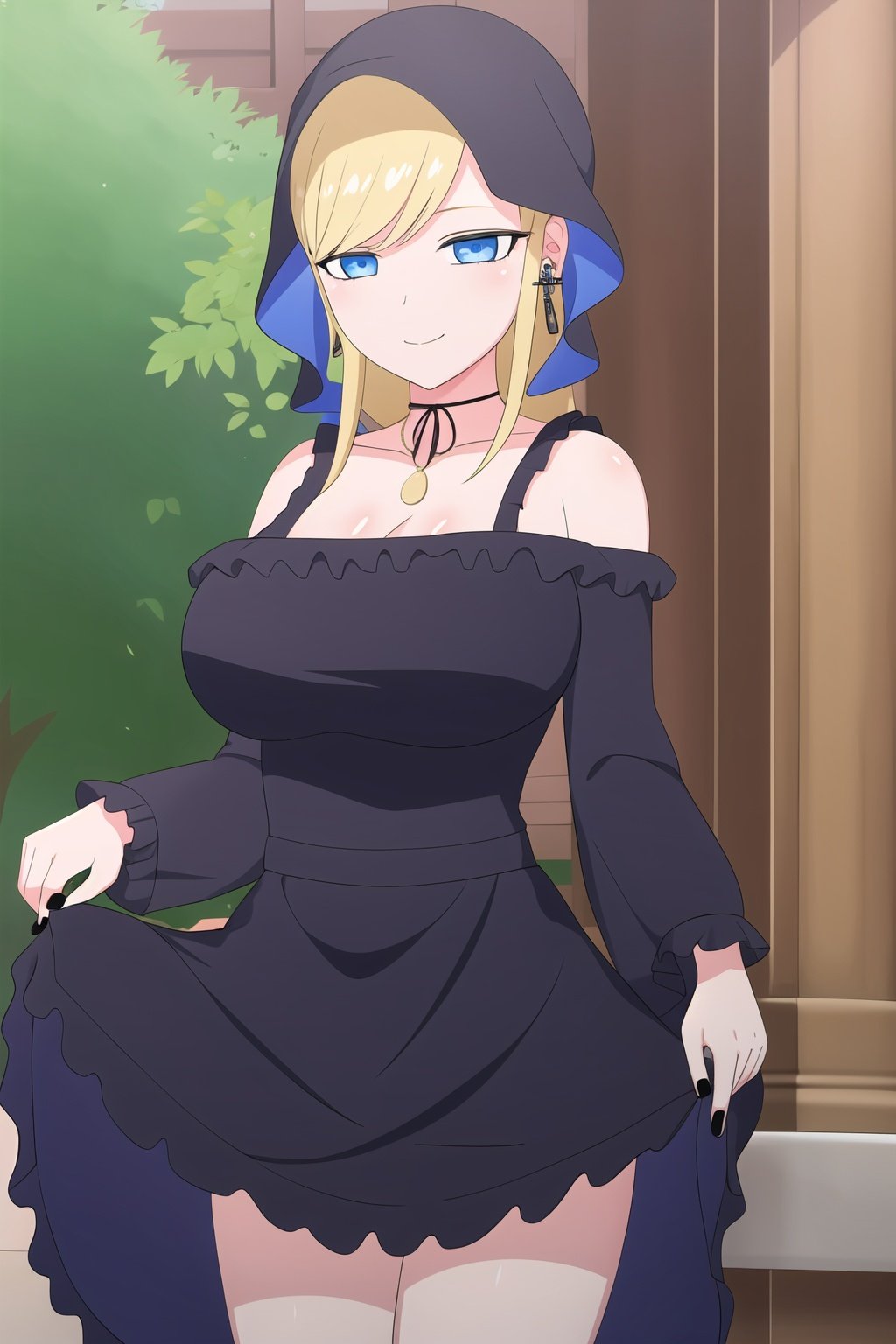 1girl, masterpiece, high quality, intricate details, extremely detailed, 4k, (solo), pixiv, cg, black dress, bare shoulders, large breasts, frills, long sleves, cleaveage, off shoulder dress, hood, black choker, long hair, black nails, cross earrings, wide sleves blue eyes, blonde hair, alice, <lora:alice-09:0.8>, outdoors, looking at viewer, seductive smile, skirt lift, 