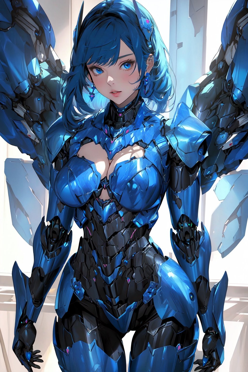 best quality, masterpiece, 1girl, blue mecha body, big breasts, (Chest armor:1.3),  shinny, standing, <lora:jixieji-000007:0.8>,