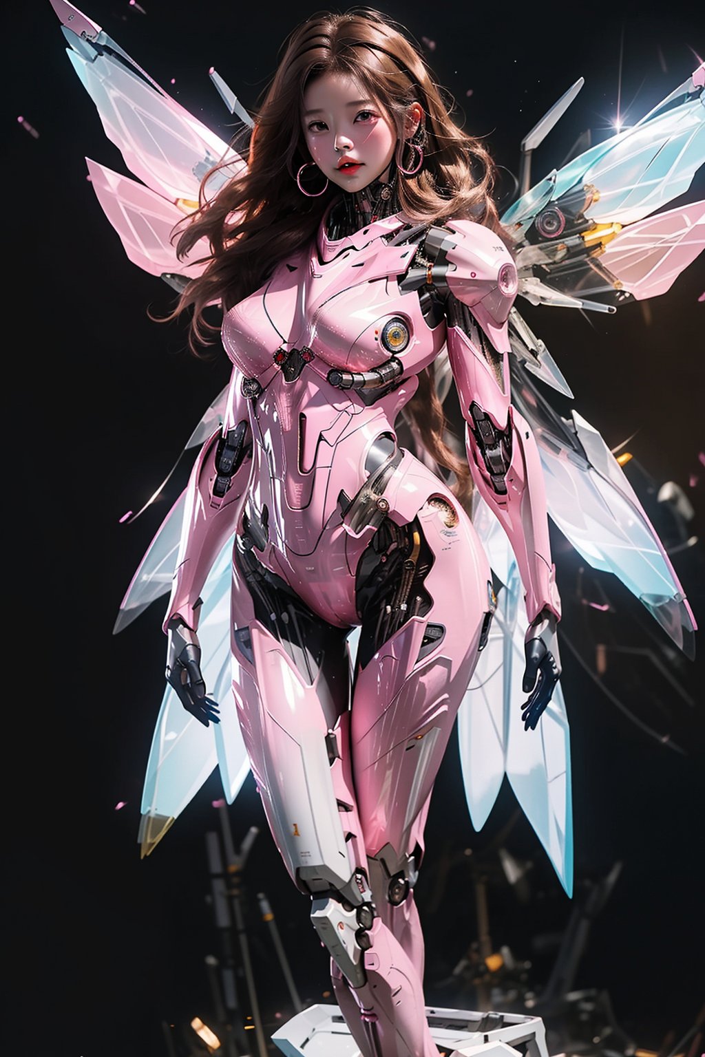 best quality,masterpiece,1girl,pink mecha body,blurry,blurry background,full body,breasts,brown eyes,brown hair,depth of field,long hair,looking at viewer,medium breasts,shiny,solo,standing,wings,1 girl with wings in mecha,Wings Follow Character Proportion,Outstanding,8K wallpaper,jixieji,<lora:jixieji:1>,