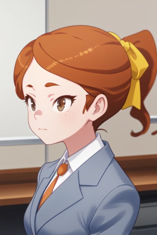 1girl, Orange brown hair, ponytail, gray eyes, office suit