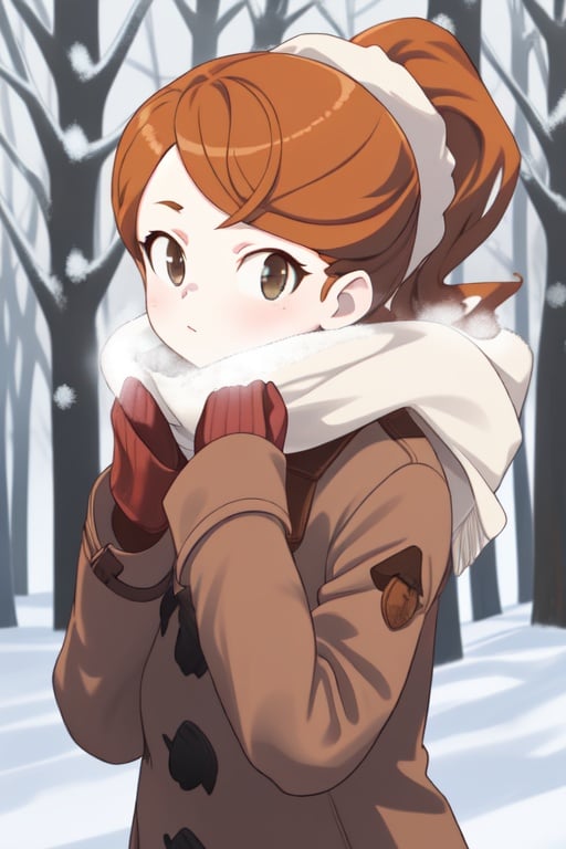 1girl, Orange brown hair, ponytail, gray eyes, winter clothes