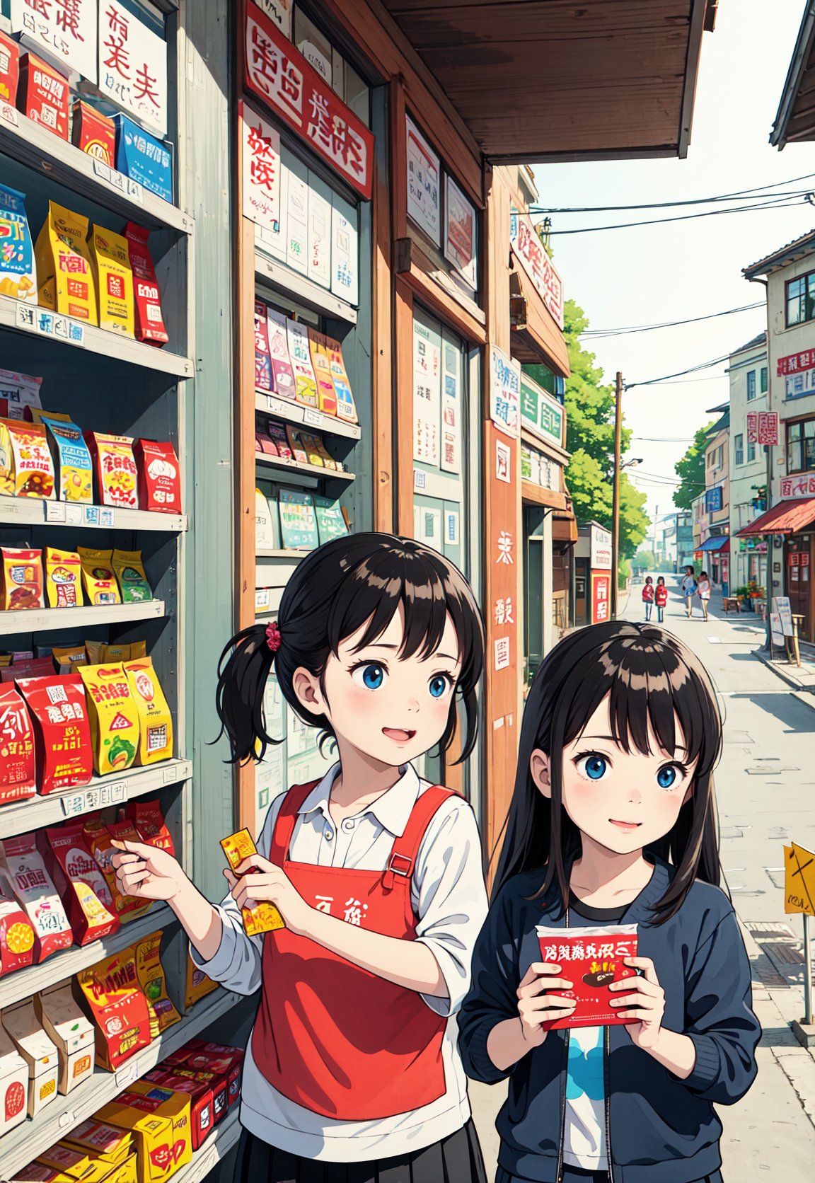 Cute children's illustration, Chinese elementary school students buy snacks at a roadside snack shop. There are many snacks in the shop window, just find them on their faces and share them