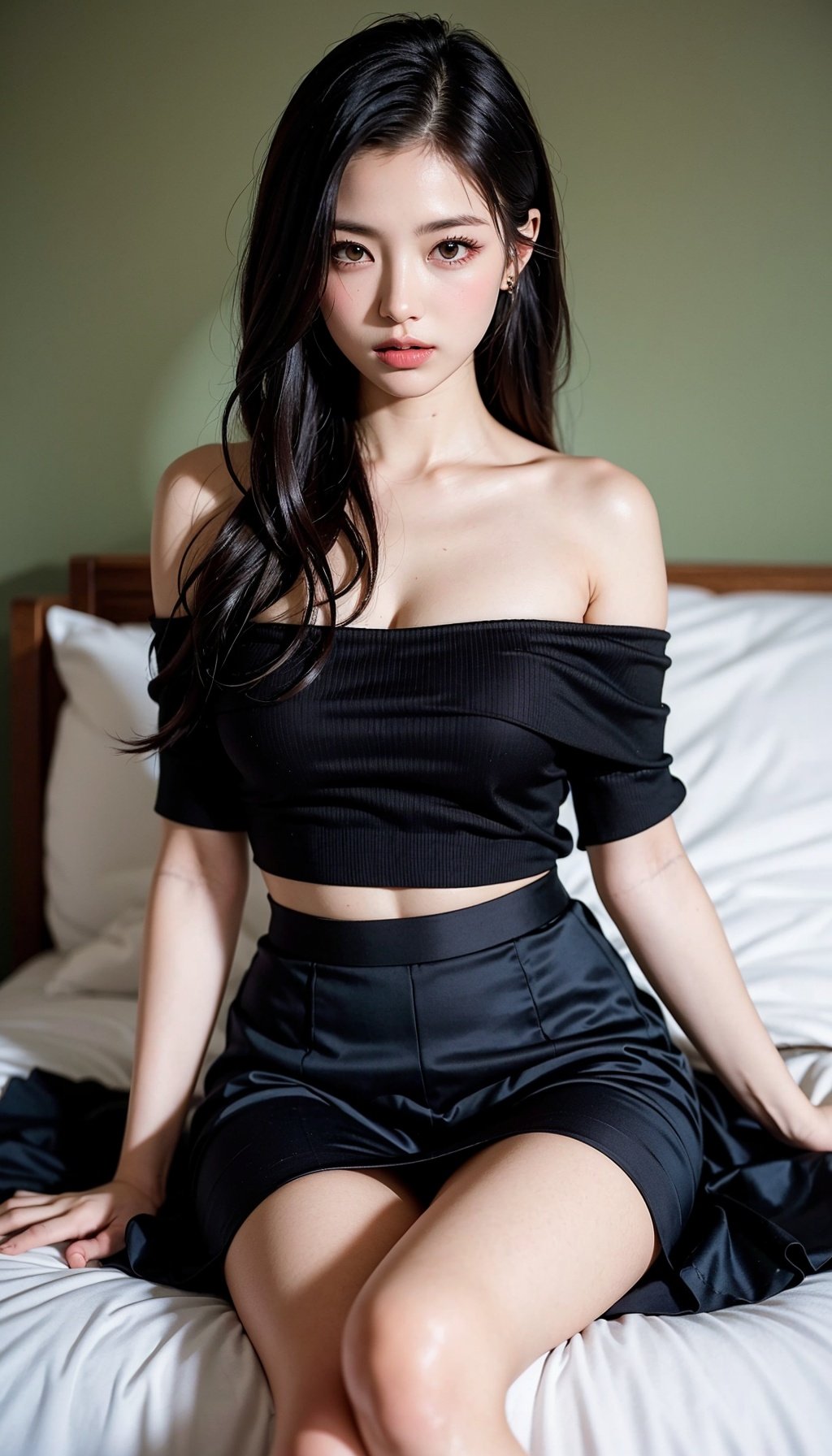 Top level CG, highest image quality, masterpiece, masterpiece, women, black long hair, flowing long hair, beautiful, off shoulder top, quiet, gentle, delicate portrayal, complex details, exquisite background, (bedroom), (sitting on bed), facing the audience, all over, (black silk short skirt)