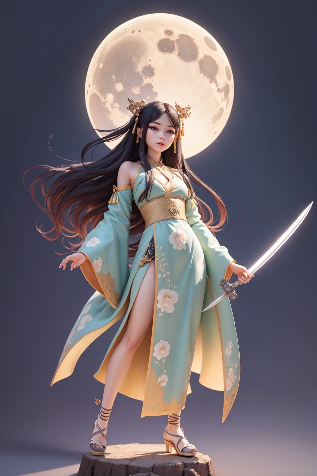 Young, male, handsome man, black hair, long hair, straight hair, high horsetail, black eyes, whole body vertical painting, illustration, Baby blue hanfu, ancient Chinese style, moonlit night, swordsman, long sword, best quality, original, masterpiece, very detailed, CG, 8k, fine hair, wide robe and large sleeves, masterpiece, classical temperament, Chinoiserie, full body,chibi,