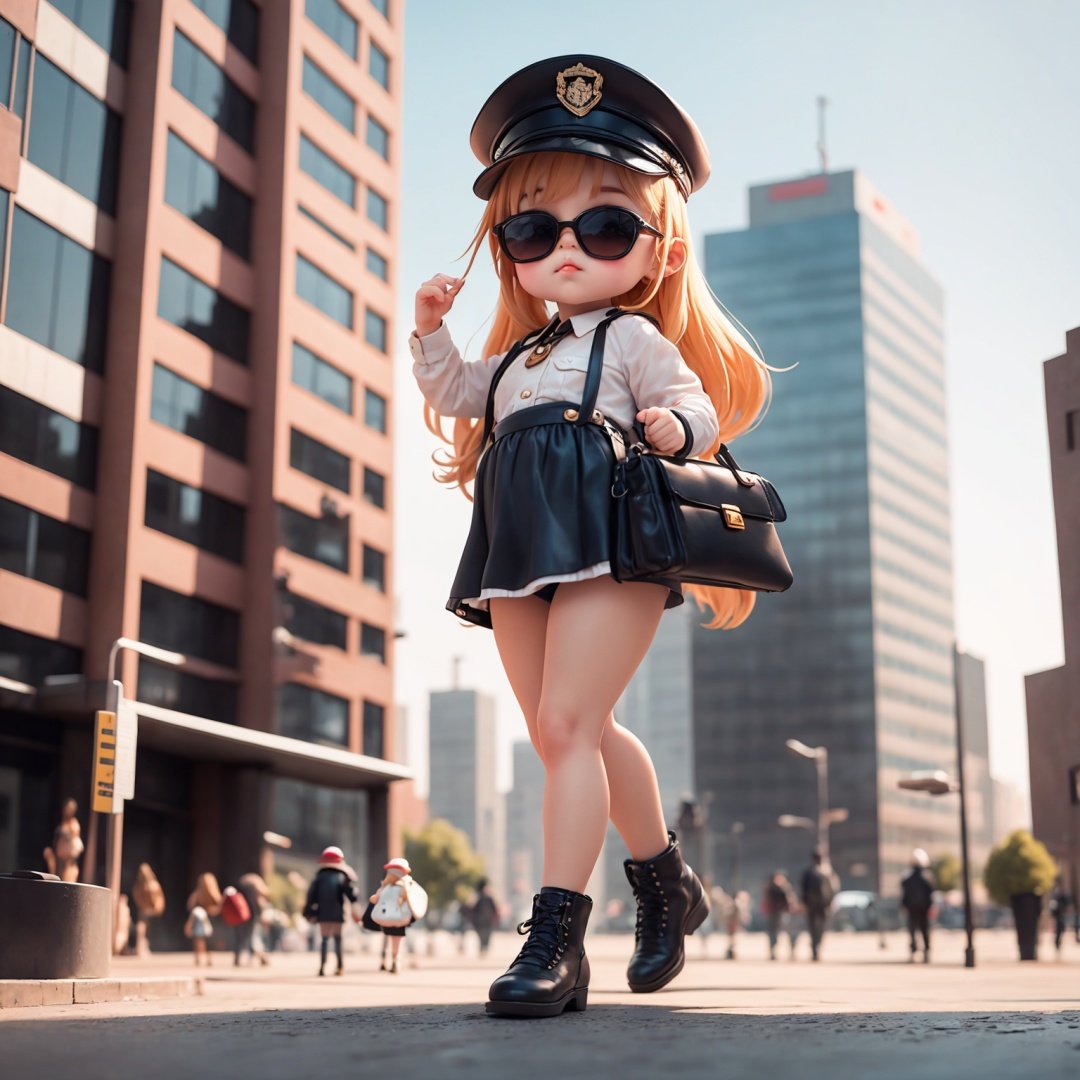 A cute little girl, fat body, carrying a Briefcase, wearing a military cap, wearing a pair of sunglasses, strode forward, city streets, high-rise buildings,full body,chibi, 