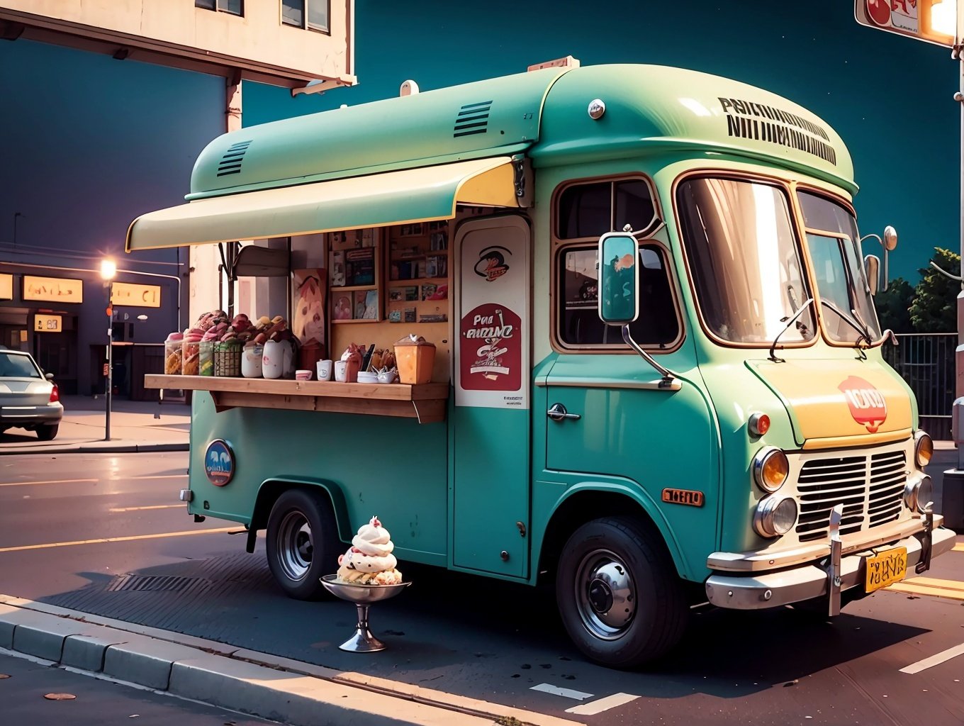 Ice cream truck, single focus, night, billboard lighting, no people, scenery, empty streets, silent atmosphere, movie lighting, 3D, super details, high quality, pixar, cartoon, a style of, handling | 58.8/2.2s, 