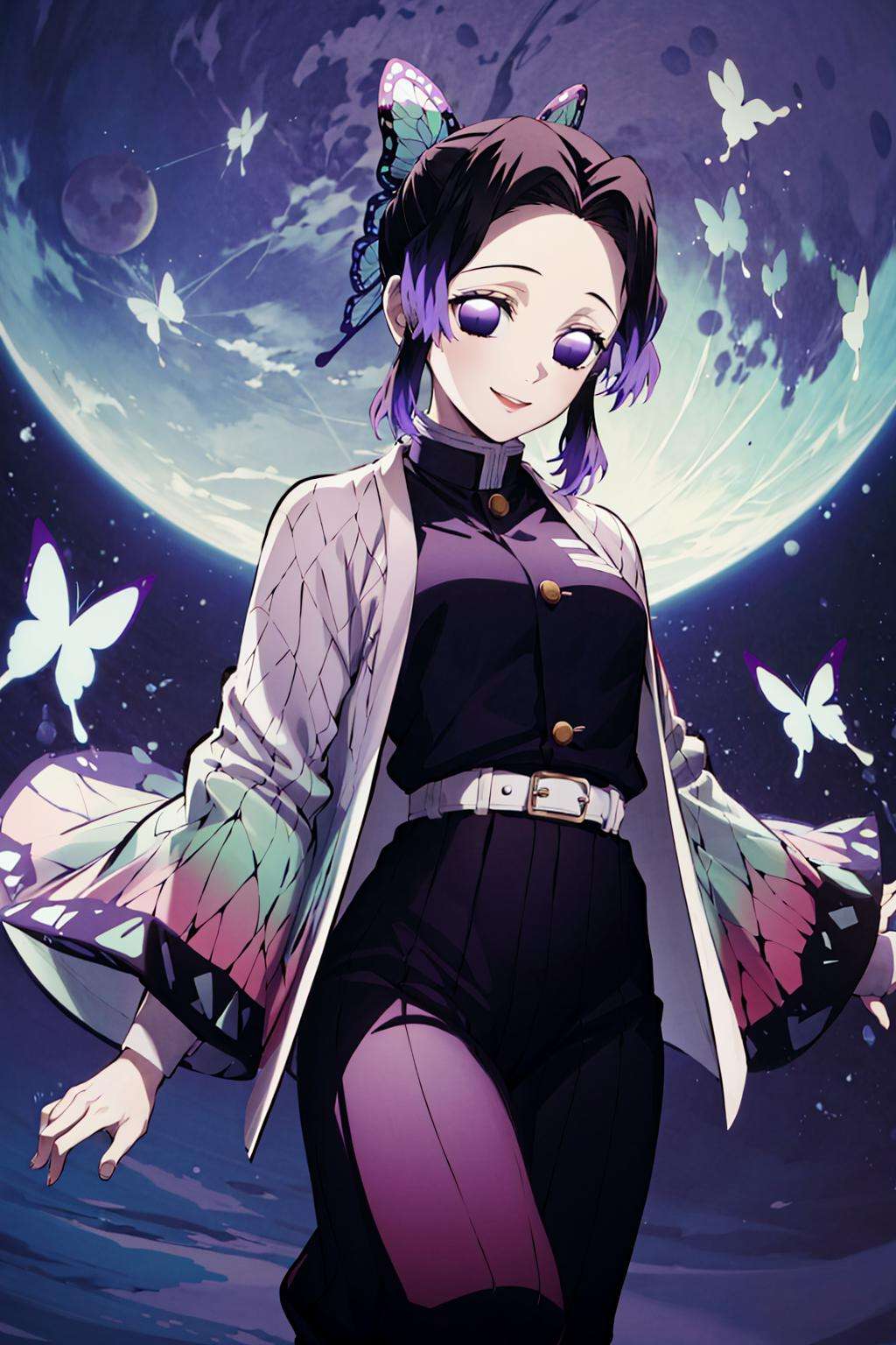 masterpiece, absurdres ,kimetsu no yaiba style, <lora:kochou_shinobu_v1.2:0.8>1girl, solo, kochou shinobu, butterfly hair ornament, purple eyes, multicolored hair, short hair, parted bangs, haori, wide sleeves, long sleeves, black pants, black jacket, belt, floating hair, purple moon, looking at viewer, smile, <lyco:[LoConLoRA] pseudo-daylight偽日光 Concept:0.75>  <lyco:ShinyOiledSkin_v20-LyCORIS:0.4> <lora:add_detail:0.4>  <lora:demonSlayerKimetsuNo_offset:0.8> 