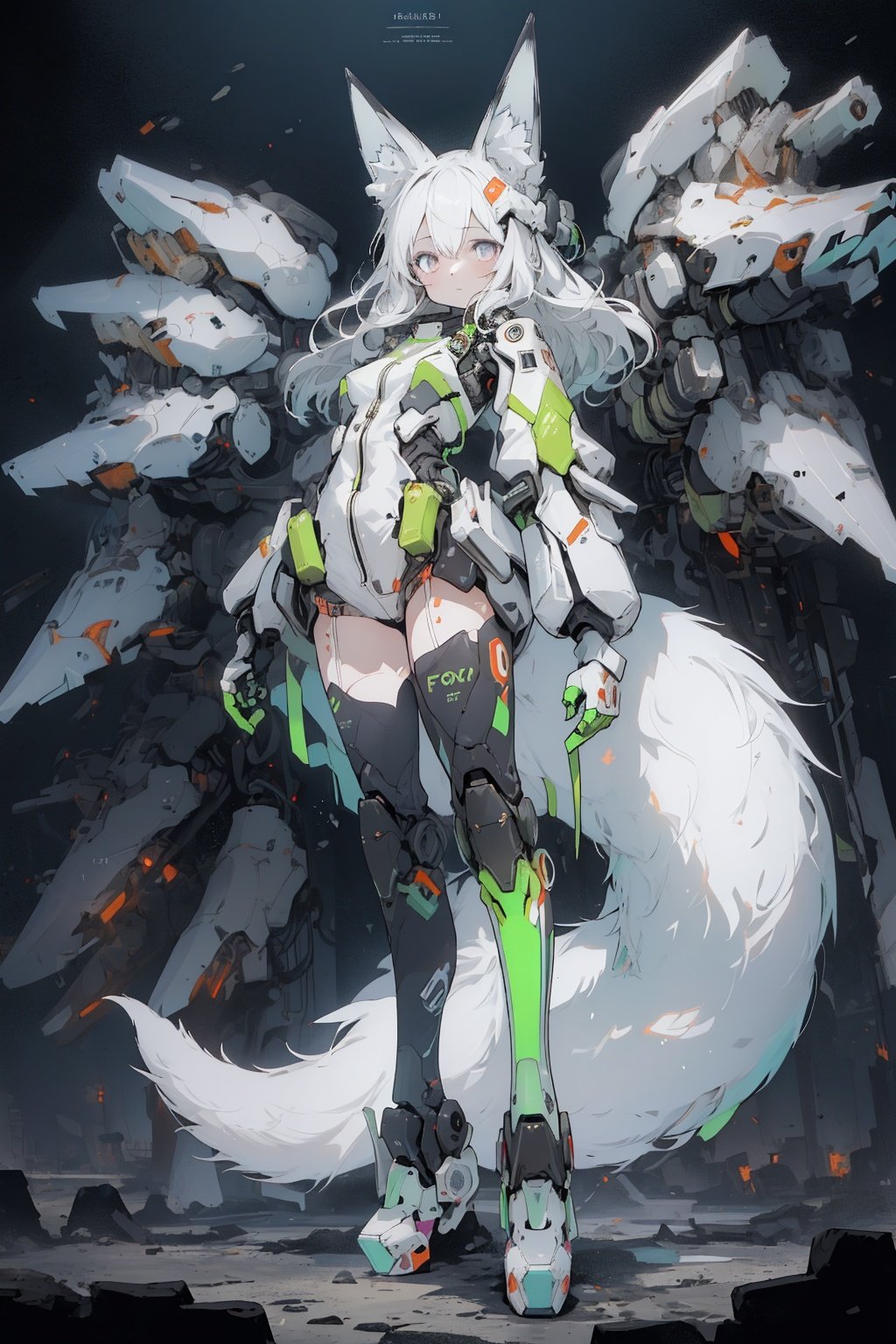 best quality,masterpiece,illustration,1girl,solo,full body,Fox ears,Mecha,machine,Bushy tail,Blank background,Mechanical leg,(Fluorescent color:1.5),(Laser violet:1.1),Fox fire,Fluorescent pink,